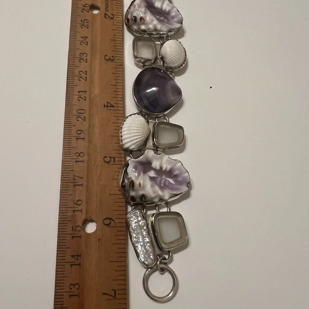 Sterling Silver Artisan Multi-Shell & Sea Glass  Bracelet Beautiful